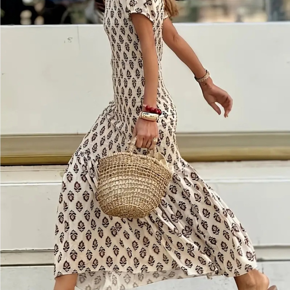 Elegant Cream Patterned Midi Dress with shirred bodice
